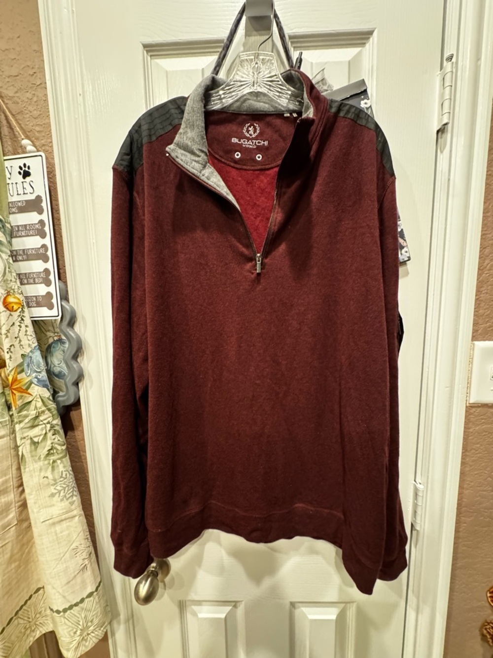Bugatchi Men's Maroon Zip-Up Sweater with Gray Shoulder Panels